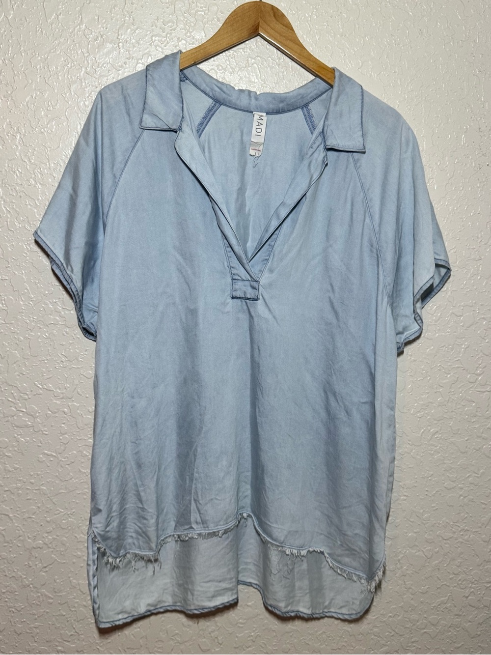 Amadi Anthropologie Chambray Popover Tunic Top Blue Short Sleeve Large Tencel